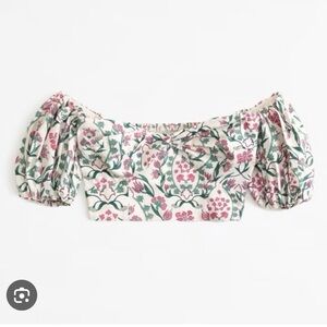 Abercrombie & Fitch Pink and Green Off-The-Shoulder Top Poplin Puff Sleeve Crop
